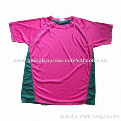 Dry-fit polyester sport shirt, contrast panel, wicking treatment